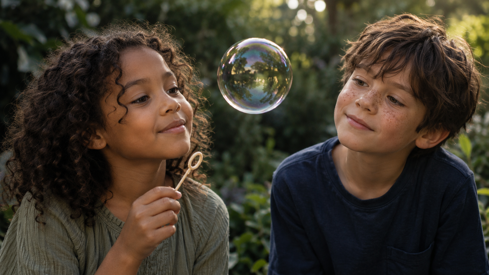 Two children share a moment of curiosity as a soap bubble floats between them in a garden