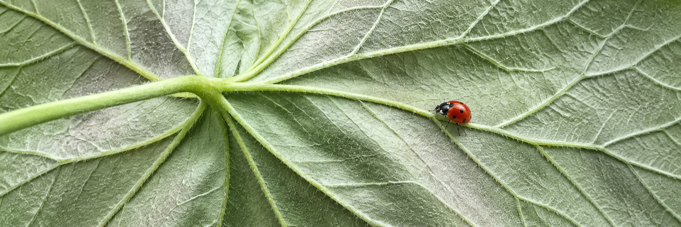 A red ladybug rests on the branching veins of a textured sage-green leaf