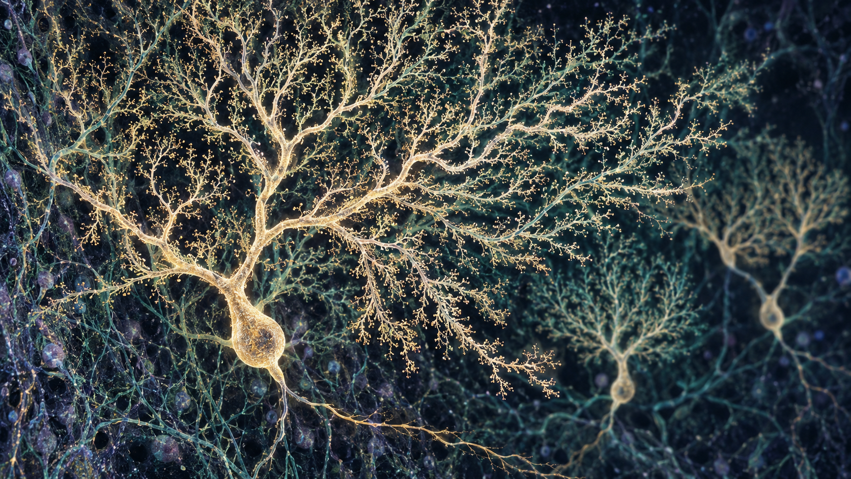 Microscopy-inspired illustration of a golden neuron with intricate branching dendrites amid layers of neural tissue