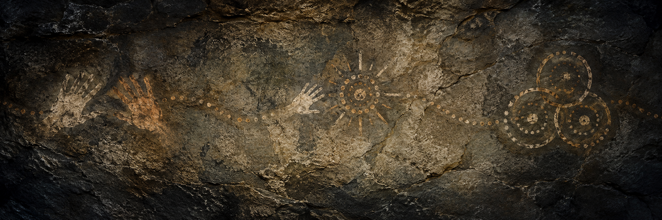 Cave-art-inspired mural, left panel: two handprints reach toward one another