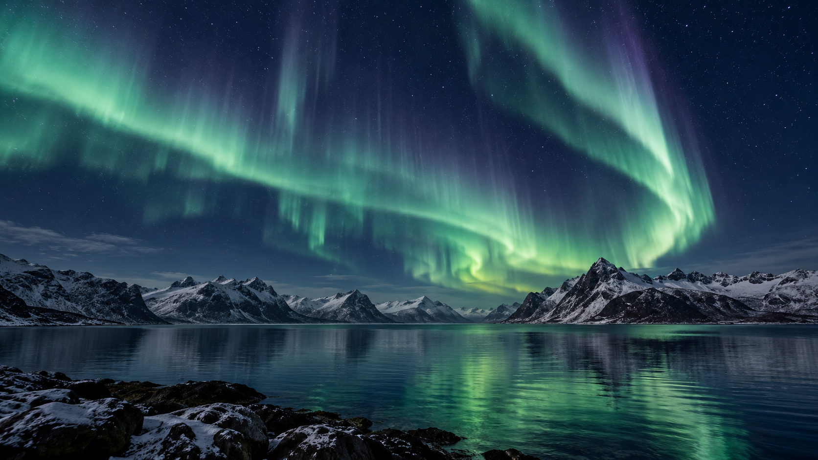 Green and teal northern lights sweep over snowy mountains and reflect in a tranquil fjord